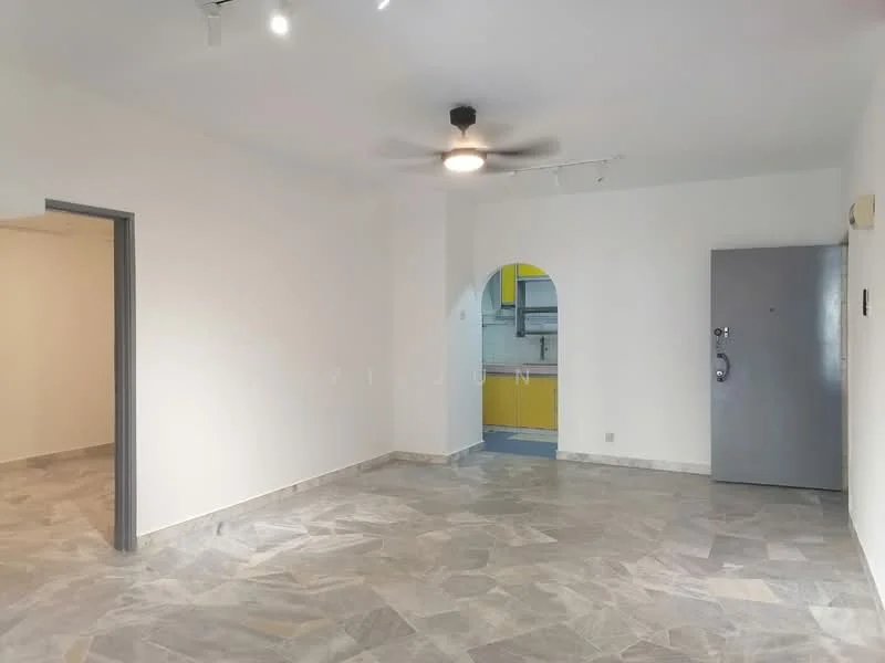 Room features: white painted walls, marble tile flooring, 5-blade ceiling fan, recessed downlights, arched doorway leading to kitchen, grey door, open layout, natural light from windows; style: modern.