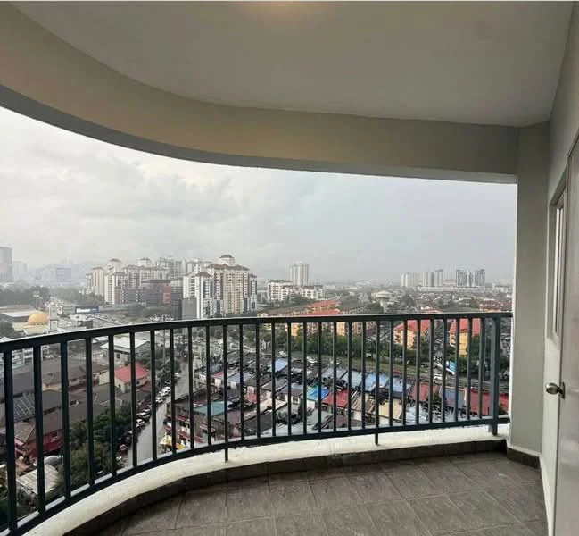 Room features: curved balcony, metal railing, grey tiled flooring, city skyline view, partially cloudy sky; view: city.