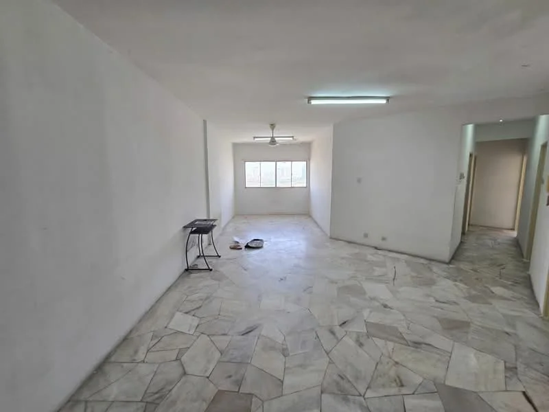 Living features: white painted walls, marble flooring, ceiling light fixture, floor-to-ceiling windows, window with view, small table, empty space, neutral color scheme.