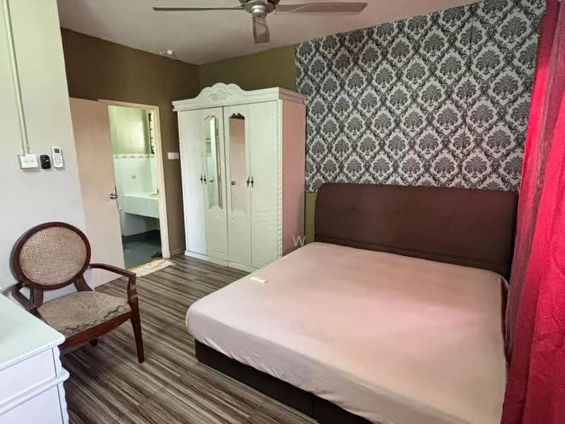 Bedroom features: queen-size bed, upholstered headboard, wooden wardrobe with mirrored doors, wooden chair, laminate flooring, decorative wallpaper with damask pattern, red curtains, ceiling fan; style: modern. Room features: white painted walls, access to bathroom visible in background.