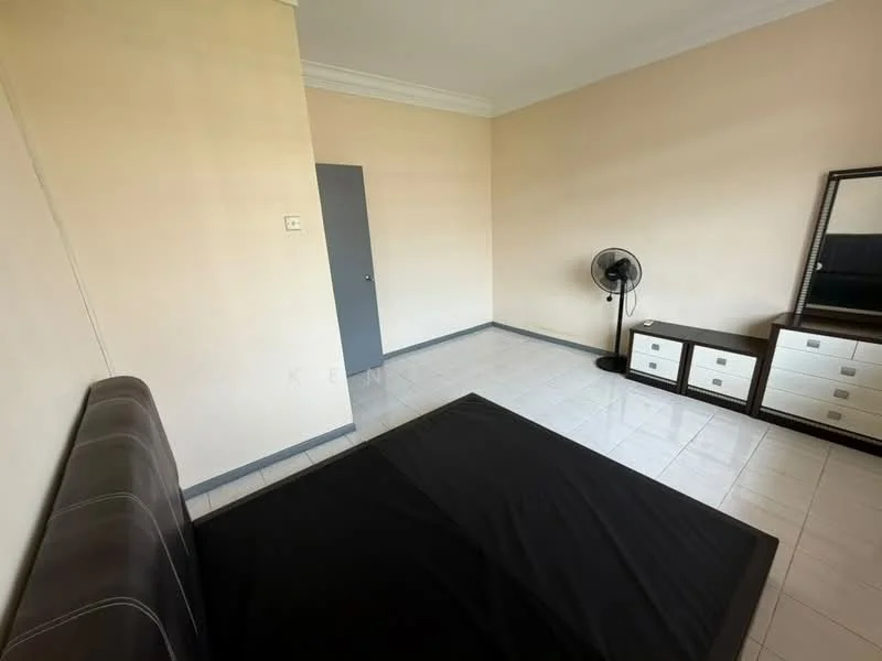 Bedroom features: cream painted walls, white ceiling, tile flooring, black upholstered bed frame, wall-mounted fan, full-length mirror, dark wood dresser with drawers, grey door.
