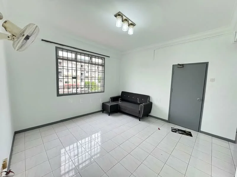Living features: white painted walls, glossy ceramic tile flooring, 5-blade ceiling fan, 3-light chandelier, large window with metal grille, grey fabric sofa, door with handle, floor mat; style: modern.