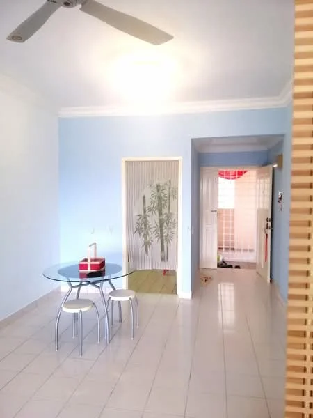 Dining features: round glass dining table, 4 metal dining chairs, light blue painted walls, white ceiling with recessed lighting, white tiled flooring, ceiling fan, decorative wooden partition, doorway leading to another room; style: modern. Room features: white tiled flooring, doorway with sliding screen, light-colored walls, visible bathroom area.
