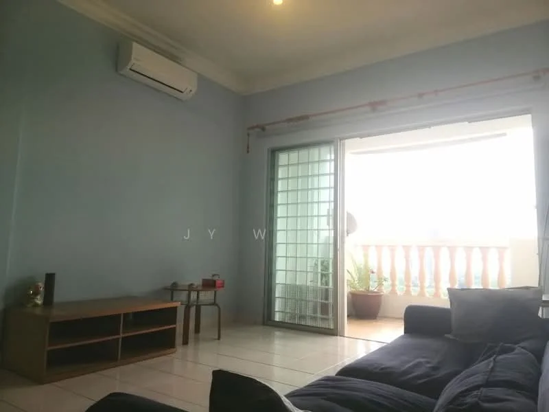 Living features: light blue painted walls, white tiled flooring, 1 wall-mounted split AC, sliding glass door, floor-to-ceiling windows, sofa in dark blue fabric, wooden TV console, small side table, decorative plant on balcony, curtain rod with no curtains, ceiling light fixture; style: modern; view: city.