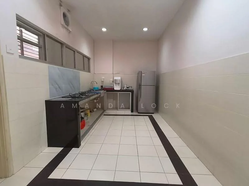 Kitchen features: white tiled walls, grey accent wall, white ceramic tile flooring, black and white patterned border, kitchen cabinets with flat-panel design, stainless-steel fridge, built-in gas hob, exhaust hood, sink, countertop with grey surface, window for natural light, wall-mounted air conditioning unit; style: modern.