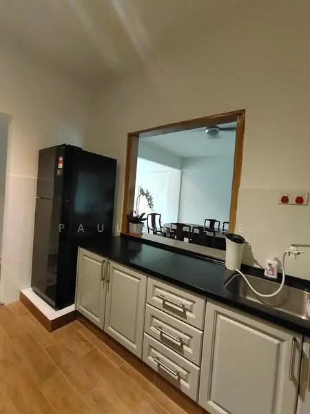 Kitchen features: black granite countertop, white shaker cabinets, stainless-steel sink, chrome pull-down faucet, built-in refrigerator, wooden flooring, wall-mounted ceiling fan, white tiled backsplash, open pass-through window to dining area, two electrical outlets; style: modern.