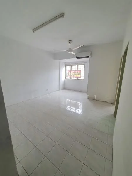 Room features: white painted walls, glossy ceramic tile flooring, ceiling fan, wall-mounted split AC, window with grid pattern, natural light from window, neutral color scheme, empty space; style: minimalist.