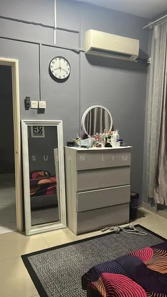 Bedroom features: grey painted walls, wall-mounted split AC, clock on wall, full-length mirror, dresser with drawers, decorative items on dresser, area rug with colorful pattern, curtains, tile flooring; style: modern.