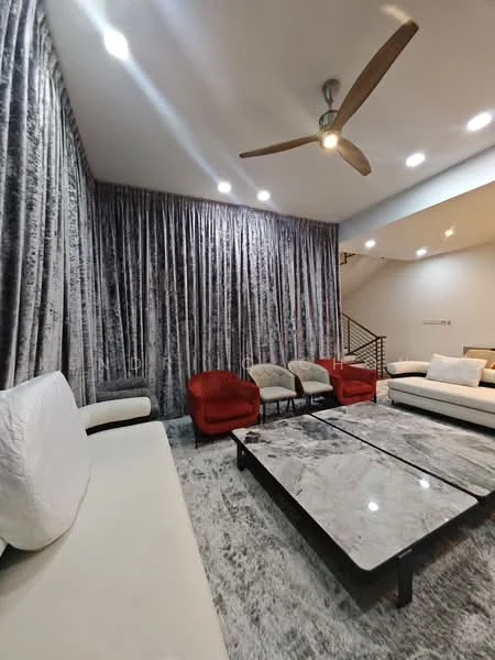 Living features: 3-seater white fabric sofa, 2 red accent chairs, 2 beige accent chairs, marble coffee table, grey area rug, grey textured curtains, ceiling fan with light, recessed LED downlights, wall-mounted staircase in background; style: modern.