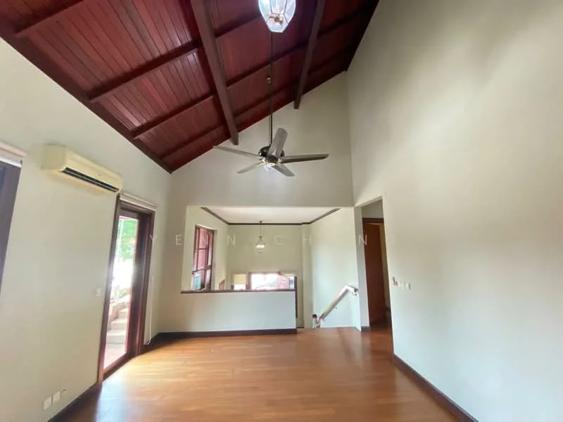Living features: wooden flooring, cream painted walls, exposed wooden beams on ceiling, 5-blade ceiling fan, wall-mounted split AC, large windows with natural light, door leading to outdoor area, staircase visible in background; style: modern.