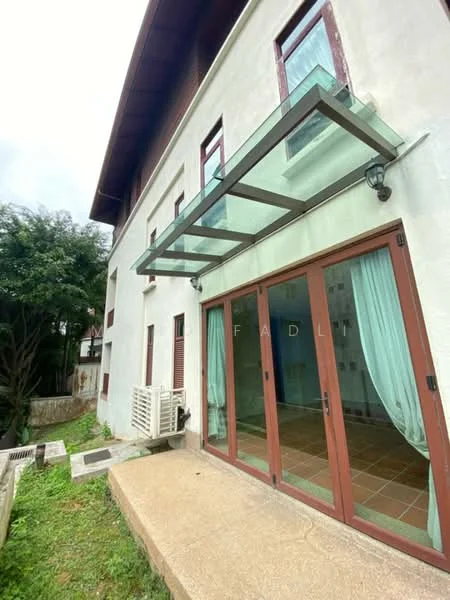 Exterior type: detached bungalow; features: white painted facade, glass canopy over entrance, brown wooden window frames, sliding glass doors, stone-paved walkway, landscaped garden area, air conditioning unit visible, two-story structure; style: modern.