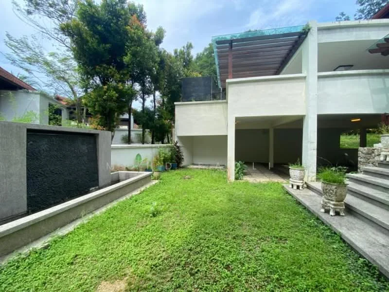 Exterior type: detached bungalow; features: manicured lawn, stone-paved walkway, water feature, covered patio area, landscaped garden, mature trees, open car porch, glass railing, exposed concrete facade; style: modern.