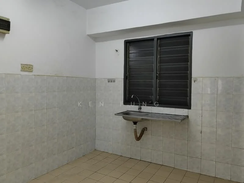 Laundry features: white tiled walls, grey tiled flooring, single-bowl stainless-steel sink, marble countertop, black window with horizontal slats, wall-mounted electrical outlet, light fixture on ceiling.