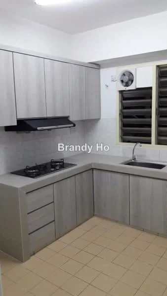 Kitchen features: grey laminate cabinetry, L-shaped countertop, double-bowl stainless-steel sink, chrome pull-down faucet, built-in gas hob with 2 burners, exhaust hood, white tiled backsplash, cream tiled flooring, window with security bars, wall-mounted fan; style: modern.