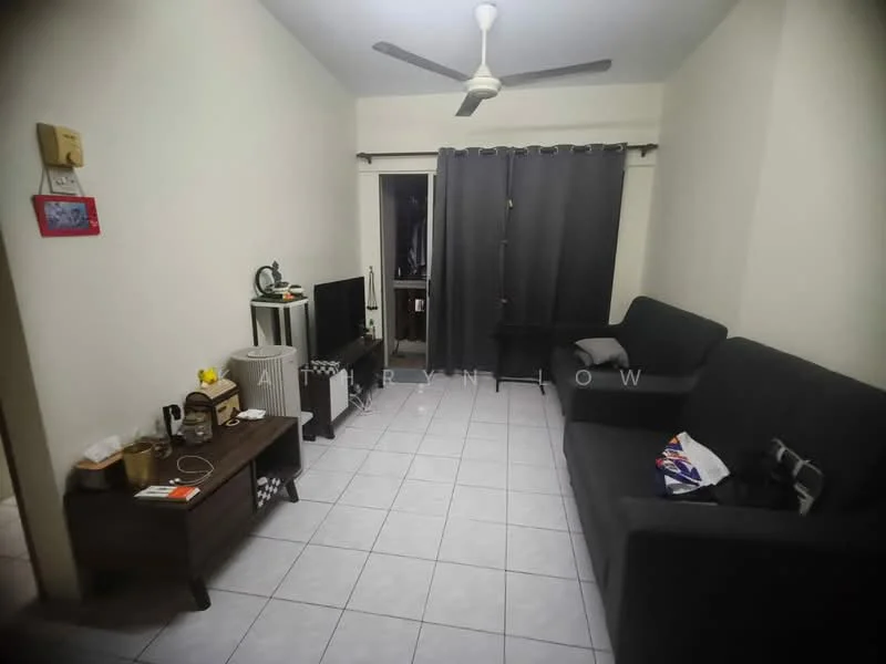 Living features: 2-seater fabric sofa in dark grey, 3-seater fabric sofa in dark grey, coffee table, TV console, wall-mounted TV, ceiling fan, grey curtains, white tiled flooring, decorative wall art, side table, kettle, decorative items on table; style: modern.