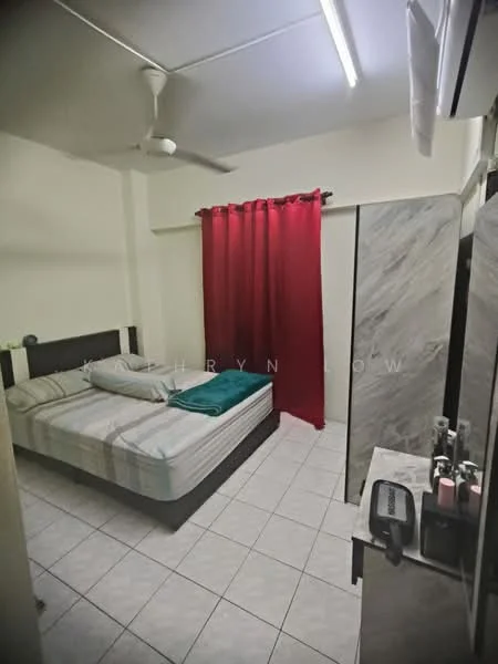 Bedroom features: queen-size bed with striped bedding, red curtain, white walls, tiled flooring, ceiling fan, built-in wardrobe with sliding doors, dressing table, wall-mounted air conditioning unit.