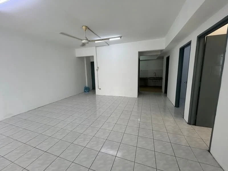 Room features: white painted walls, glossy ceramic tile flooring, ceiling fan, doorway leading to kitchen, doorway leading to other rooms, natural light from windows, open layout, neutral color scheme; style: minimalist.