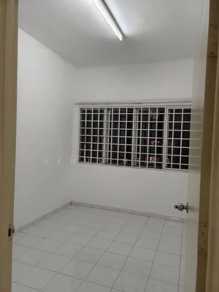 Room features: white painted walls, white ceiling, fluorescent lighting, square ceramic tile flooring, grilled windows, multiple window panes; style: minimalist.