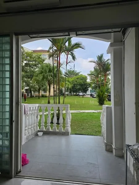 Room features: sliding glass door, white walls, grey tile flooring, balcony railing, view of garden, potted plants, laundry hanging, outdoor greenery; view: garden.