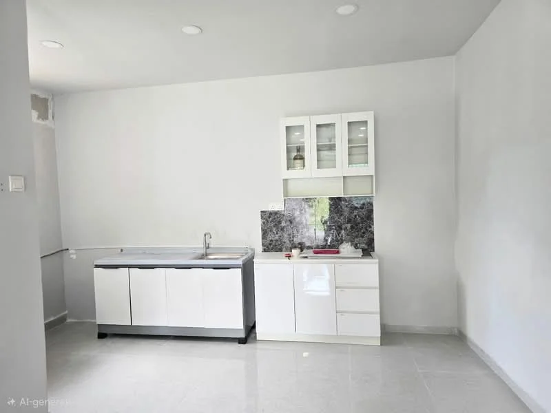 Kitchen features: white cabinetry with glass-front upper cabinets, grey marble backsplash, single-bowl stainless-steel sink, chrome pull-down faucet, white countertop, tile flooring, recessed downlights, neutral painted walls; style: modern.