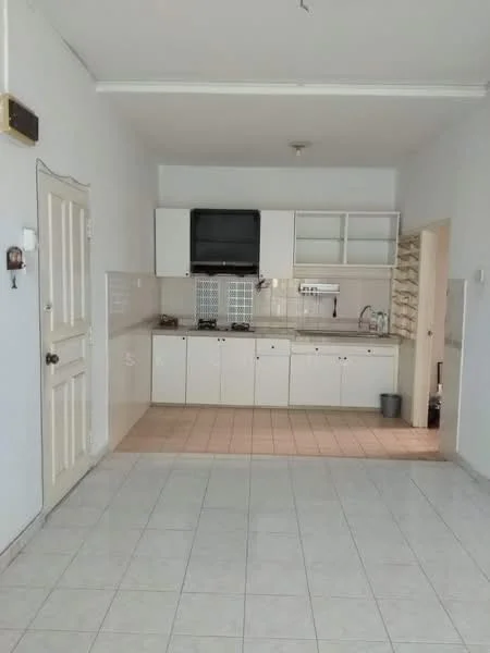 Kitchen features: white cabinetry, black countertop, built-in stove, exhaust hood, sink, tile backsplash, ceramic tile flooring, wall-mounted storage shelves, window, light fixture, door to hallway.