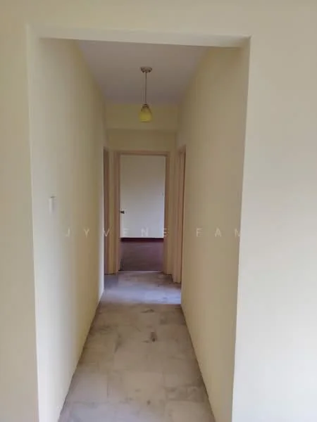 Hallway features: cream painted walls, marble flooring, single pendant light, doorway leading to other rooms, neutral color scheme.