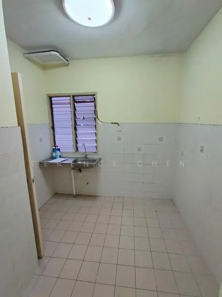 Laundry features: yellow painted walls, white tiled walls, white tiled flooring, single-bowl stainless-steel sink, window with horizontal slats, ceiling light fixture.