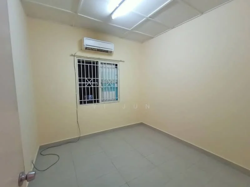 Room features: cream painted walls, grey tiled flooring, 1 wall-mounted split AC, window with security bars, ceiling lights, no visible furniture.