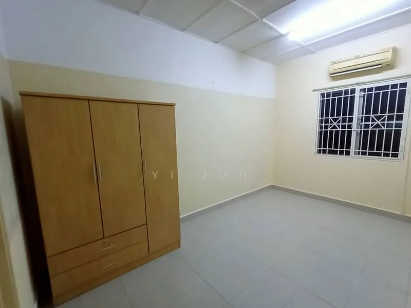 Bedroom features: light-colored painted walls, white ceiling, tile flooring, built-in wardrobe with drawers, window with metal grille, air conditioning unit, neutral decor.