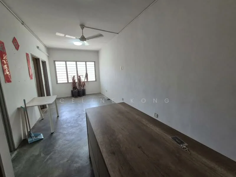 Room features: white painted walls, concrete flooring, ceiling fan, large windows, wooden countertop, minimalist decor, natural light, plant decor; style: minimalist.