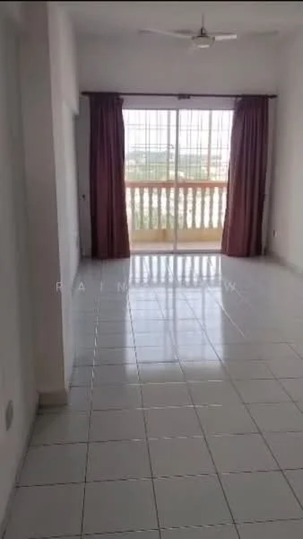 Living features: white painted walls, glossy ceramic tile flooring, 5-blade ceiling fan, floor-to-ceiling sliding glass door, red curtains, balcony railing, natural light from window, neutral color scheme; style: modern; view: garden.