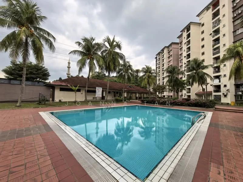Exterior type: mid-rise condominium; features: swimming pool, pool deck with loungers, palm trees, landscaped garden, manicured lawn, surrounding residential buildings, covered pavilion, brick paving around pool; style: modern.