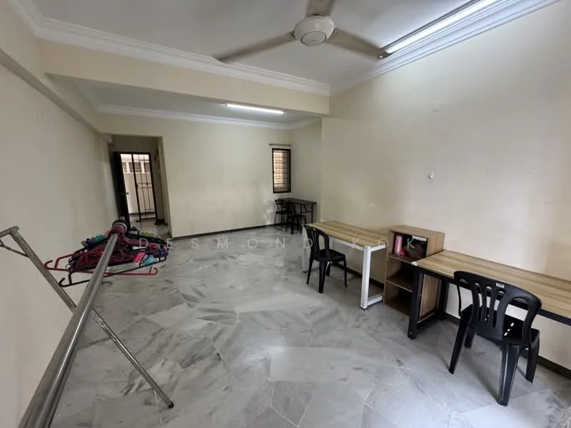 Room features: marble flooring, white painted walls, ceiling fan, two study desks, black plastic chairs, clothes drying rack, window with security bars, light fixture, open layout; style: minimalist.