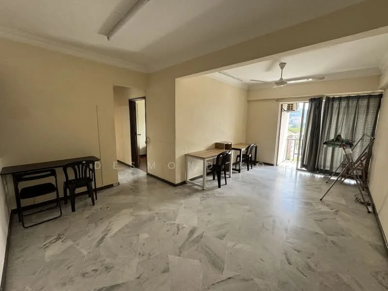 Room features: marble flooring, cream painted walls, ceiling fan, floor-to-ceiling windows, sliding glass door, curtains, two study desks, two chairs, laundry rack, air conditioning unit; view: city.