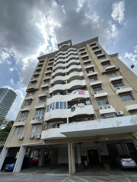 Exterior type: mid-rise condominium; features: cream painted facade, recessed balconies, multiple air conditioning units visible, flat roof, approximately 6-storey building, covered parking area, entrance with awning; style: modern.