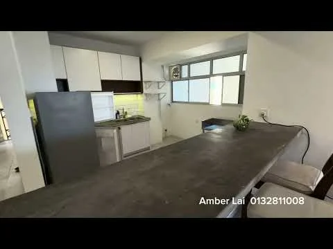 Kitchen features: grey concrete countertop, white upper cabinets, dark wood lower cabinets, stainless-steel fridge, built-in microwave, single-bowl stainless-steel sink, chrome pull-down faucet, tile backsplash, window with natural light, open shelving, bar seating area; style: modern.