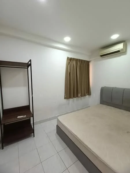 Bedroom features: grey upholstered bed frame, mattress without bedding, wooden bedside table, cream curtains, wall-mounted air conditioning unit, white painted walls, tile flooring, recessed ceiling lights; style: modern.