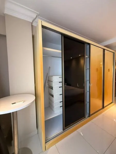 Room features: sliding glass doors, wooden frame, built-in shelving, white storage boxes, recessed lighting, glossy finish, neutral wall color, tile flooring; style: modern.