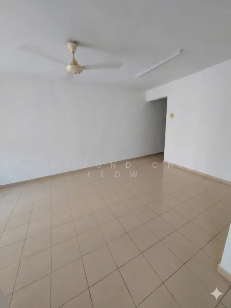 Living features: cream painted walls, tile flooring, 5-blade ceiling fan, recessed ceiling lights, large open space, no visible furniture, neutral color scheme; style: minimalist.