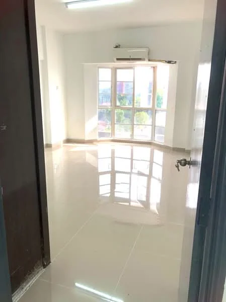 Room features: glossy tile flooring, white painted walls, floor-to-ceiling windows, window air conditioning unit, natural light, neutral color scheme, high ceiling, door frame; style: modern; view: city.