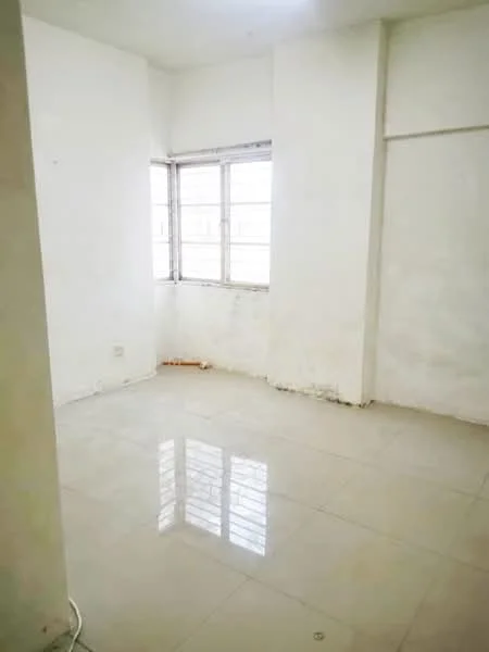 Room features: white painted walls, glossy tile flooring, window with multiple panes, natural light from window, no visible furniture, clean and empty space, corner location, minimal decor; style: minimalist.