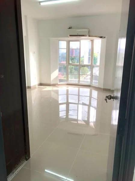 Room features: white painted walls, glossy ceramic tile flooring, floor-to-ceiling windows, air conditioning unit, natural light from windows, neutral color scheme, open layout, no visible furniture; style: modern; view: city.