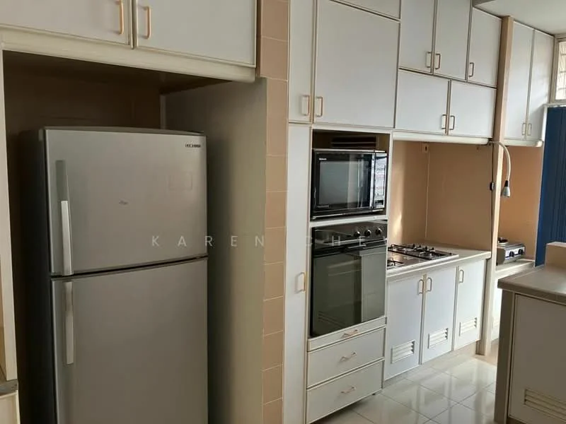 Kitchen features: stainless-steel fridge, built-in oven, freestanding range oven, 4-burner gas hob, white cabinetry with flat-panel doors, light-colored countertop, ceramic tile flooring, window with blue curtains, wall-mounted exhaust hood, kitchen sink, multiple storage cabinets; style: modern.