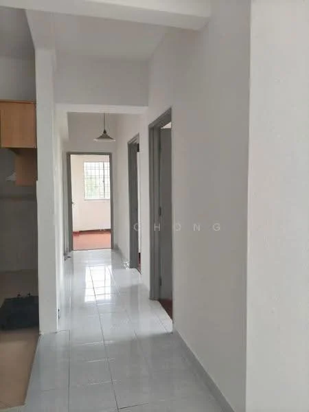 Room features: white painted walls, glossy ceramic tile flooring, ceiling light fixture, door frames, windows with grid pattern, hallway layout, open space, neutral color scheme; style: modern.