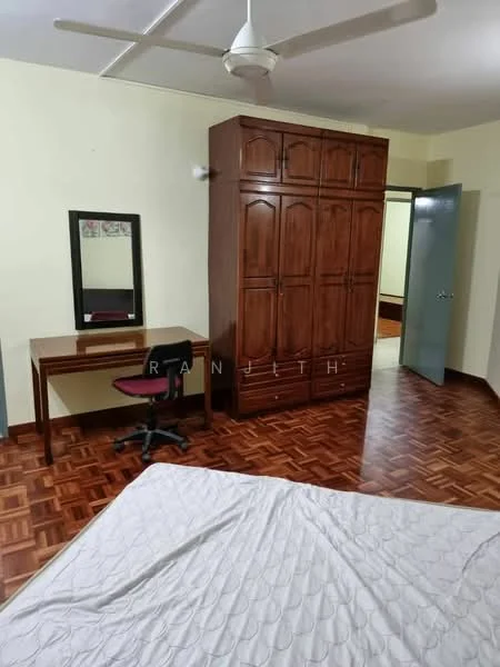 Bedroom features: wooden flooring, cream painted walls, ceiling fan, built-in wardrobe with wooden finish, desk with chair, framed mirror, double bed with white bedding, doorway leading to another room; style: traditional.