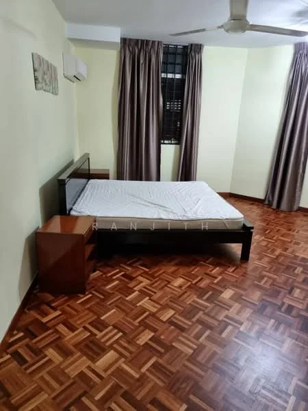 Bedroom features: queen-size bed, wooden bedside table, parquet wood flooring, cream painted walls, curtains in brown, wall-mounted split AC, ceiling fan, window with grille; style: modern.