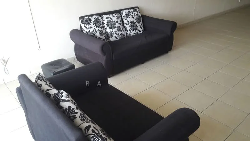 Living features: 2-seater fabric sofa in black, 3-seater fabric sofa in black with floral pattern cushions, tile flooring, neutral wall color, floor space, minimal decor; style: modern.