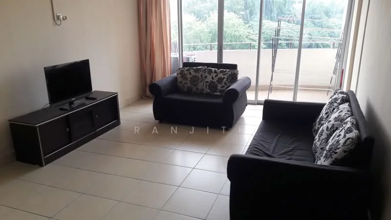 Living features: 2-seater fabric sofa in black, 3-seater fabric sofa with floral pattern, TV console in black, wall-mounted TV, floor-to-ceiling sliding glass door, curtains in light fabric, tile flooring, neutral wall color, decorative cushions; style: modern; view: garden.