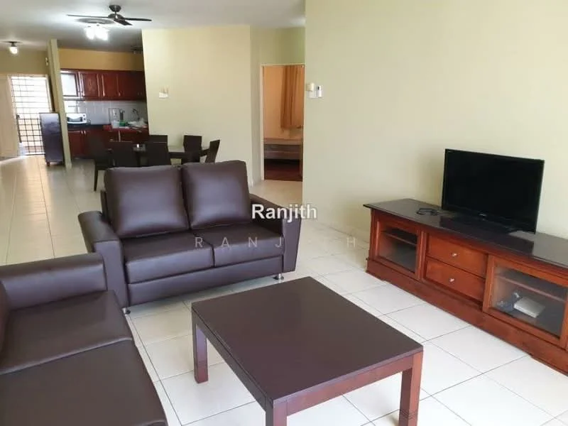 Living features: 3-seater leather sofa in brown, 2-seater leather sofa in brown, coffee table with wooden surface, TV console in dark wood, wall-mounted TV, ceiling fan, tile flooring, light green painted walls, large window with natural light; style: modern. Dining features: 4-seater dining table in dark wood, upholstered dining chairs, open layout to kitchen, tile flooring; style: modern. Kitchen features: wood cabinetry, stainless-steel sink, built-in oven, freestanding range oven, tile backsplash, countertop with space for appliances, tile flooring; style: modern. Room features: doorway leading to another room, curtains in neutral color.