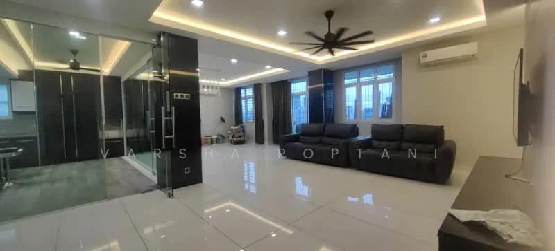 Living features: large sectional sofa in black leather, wall-mounted TV, white wall with decorative trim, recessed LED downlights, 5-blade ceiling fan with light, glossy white tile flooring, large windows with sheer curtains, air conditioning unit, decorative wall paneling, open layout to adjacent room; style: modern; view: city. Room features: glass partition wall, grey tile flooring, multiple windows, recessed lighting, air conditioning unit.